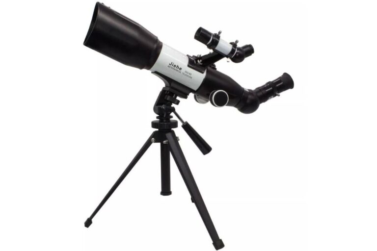 Telescópio astronômico refrator Jiehe 350x60mm montado em um tripé ajustável, com tubo óptico branco e preto e design compacto, ideal para observações astronômicas iniciais.