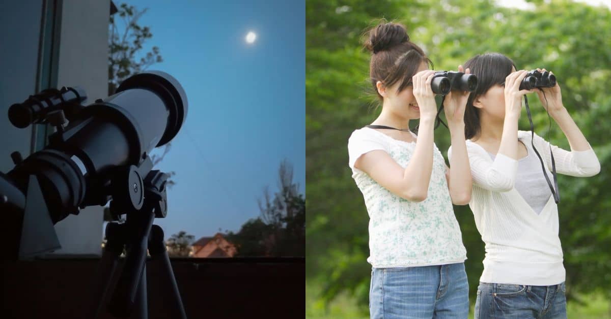 Um telescopio e pessoas usando binóculos para observar.